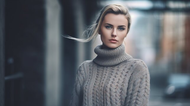 Portrait of beautiful young scandinavian woman with fair hair and warm knitted clothes. Outdoor background with copy space. AI generative image.