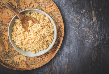 Freshly cooked bulgur in bowl. Bulgur wheat grains