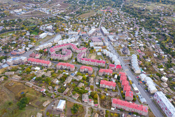 Aerial view of Spitak town on rainy autumn day. Lori Province, Armenia.