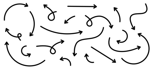 Set of black arrows in doodle style. Arrows
 in the form of a loop. Flow direction. Wavy pointers in provo, up, down. Curved line. Vector illustration.
