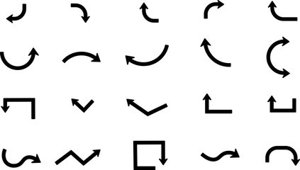 Set of black arrows icons. Curves pointer, turn to the side.
 Direction right left down up.Geometric abstract arrows of different shapes.
Movement orientation.
Vector illustration.