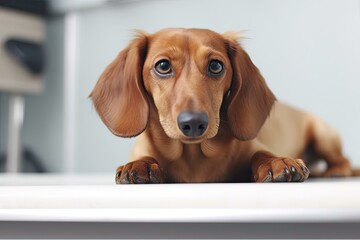 Young dachshund on a white table at the examination of the veterinary clinic. Generative AI