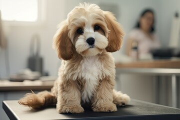 Cute dog sitting on table on blurred background veterinarian in veterinary clinic. Generative AI