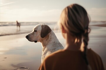 A girl with a dog sit on the beach and enjoy the sunrise or sunset. Generative AI