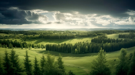 A mesmerizing view of a green landscape with trees under a beautiful cloudy sky