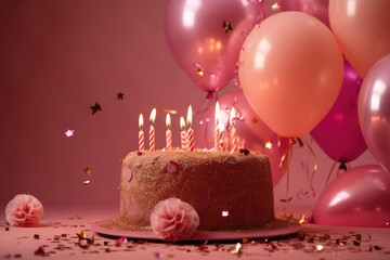 Birthday cake with candles and balloons on pink background. Generative AI