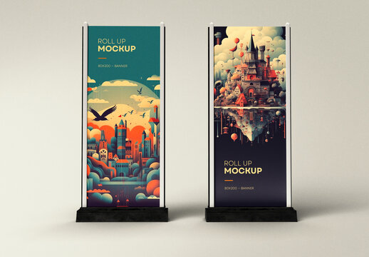 Double Roll-Up Banner Mockup &ndash; Clean Layout with Fantasy Art on Neutral Scene