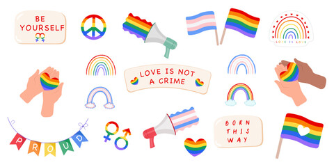  LGBTQ set. LGBT sticker pack on white background. Symbol of the LGBT pride community. Rainbow elements.