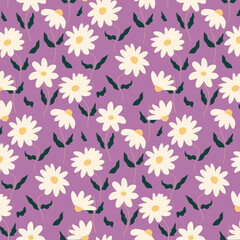 Naklejka na ściany i meble Floral pattern with daisies on a purple background.