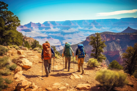 Hiking travel. Friends with backpacks walk on Grand Canyon National Park, USA. Generative AI.