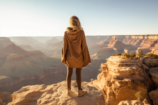 Woman stand on top of mountain Grand Canyon National Park, USA. Generative AI.