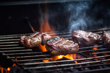 meat is grilled. flames around the meat. created with Generative AI technology