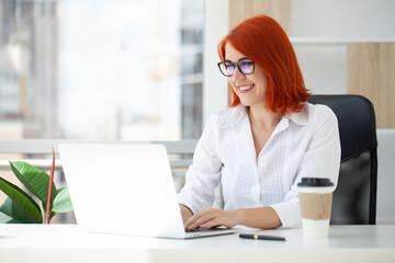 Beautiful smiling young red-haired business lady posing in office.