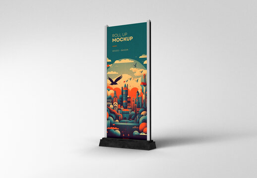 Single Roll-Up Banner Mockup &ndash; Vertical Display with Surreal Illustration on White Background