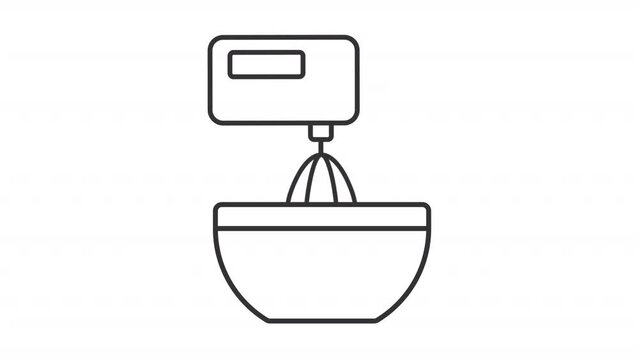 Beating icon animation. Animated line working mixer in bowl. Dough mixing. Household appliance. Baking bread. Loop HD video with alpha channel, transparent background. Outline motion graphic