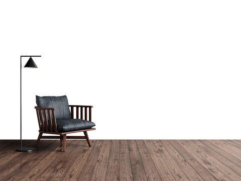 A Black Chair In An Empty Room With Wood Floor Lamp, Realistic Lighting, White Background. Decorated Home Mockup With Free Space, 3d Illustration, 3d Rendering.