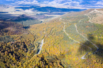 Aerial view of the road to Pushkin pass on sunny autumn day. Lori Province, Armenia.