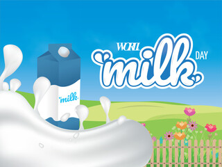 World Milk Day, June 1, milk brick on a sky blue background with mountains and milk splash.