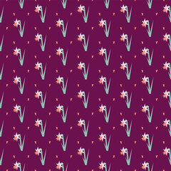 Vector pattern with daffodils on purple background. A pattern of tulips on a purple background. 