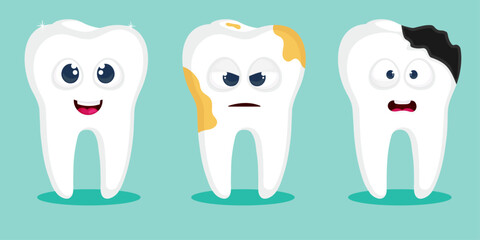 Cartoon teeth set. Different emotion dental character.