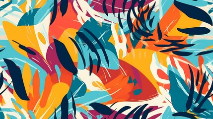 Abstract botanical tropical leaves and floral seamless pattern design. Generative AI