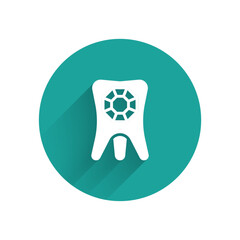 White Tooth with diamond icon isolated with long shadow background. Green circle button. Vector