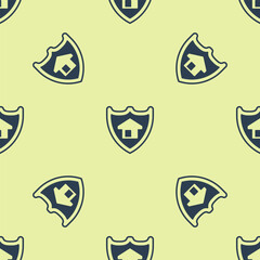 Blue House with shield icon isolated seamless pattern on yellow background. Insurance concept. Security, safety, protection, protect concept. Vector