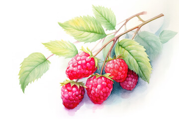 Fresh raspberries twig, Watercolor painting, Ai generated