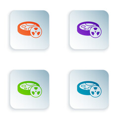 Color Laboratory chemical beaker with toxic liquid icon isolated on white background. Biohazard symbol. Dangerous symbol with radiation icon. Set colorful icons in square buttons. Vector