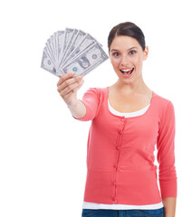 Wow, money and winner with portrait of woman for investment, success and growth. Cash, dollar and finance with face of girl customer isolated on white background for financial, deal and promotion