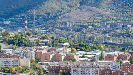View of Vanadzor town on sunny autumn day. Lori Province, Armenia.