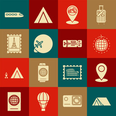 Set Tourist tent, Map pin, Globe with flying plane, pointer Egypt pyramids, Postal stamp and Eiffel tower, Train and Airline ticket icon. Vector