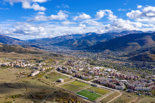 Drone view of Vanadzor town on sunny autumn day. Lori Province, Armenia.