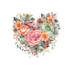 Gentle Retro Style Watercolor Painting: Romantic Heart Shape with Vintage Flowers and Rose Leaves for Decor, Isolated Transparent Background, Created by Generative AI




