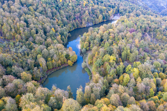 Aerial view of Parz Lich lake on autumn evening. Dilijan National Park, Tavush Province, Armenia.