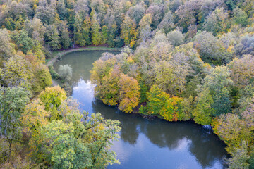 Drone view of Parz Lich lake on autumn evening. Dilijan National Park, Tavush Province, Armenia.
