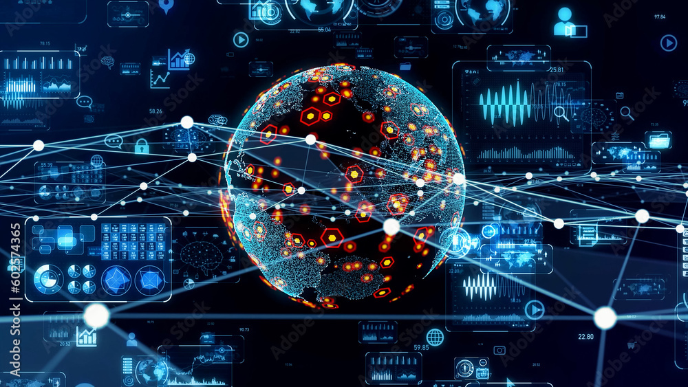 Poster global communication network concept. planet earth in cyberspace. digital transformation.