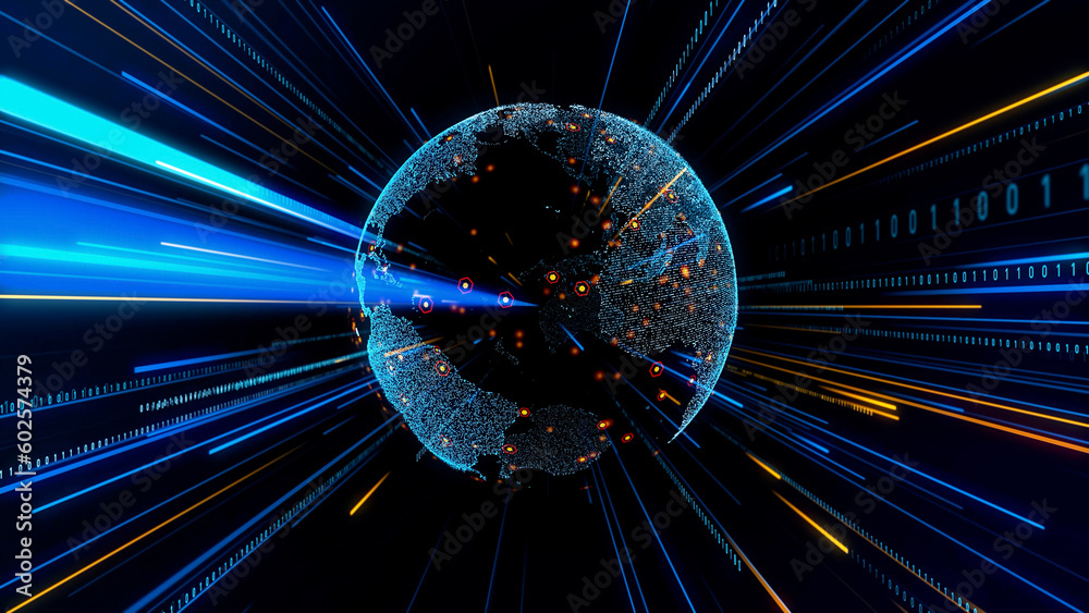 Poster Global communication network concept. Planet earth in cyberspace. Digital transformation.