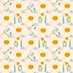 Summer pattern with kids characters :Sun, Dragonfly, Flowers. Summer background. Funny design for kids and baby clothing.Vector texture for kids bedding, fabric, wallpaper, wrapping paper, textile
