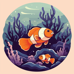 vintage nemo clown fish in under water sea ocean anemone coral scene view logo vector illustration