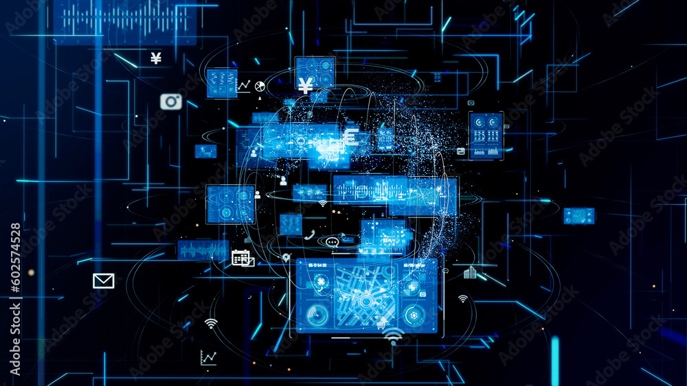Poster Electronic circuit in cyberspace. Digital transformation. Communication network.