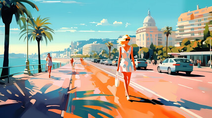 Illustration of beautiful view of the city of Nice, France - obrazy, fototapety, plakaty