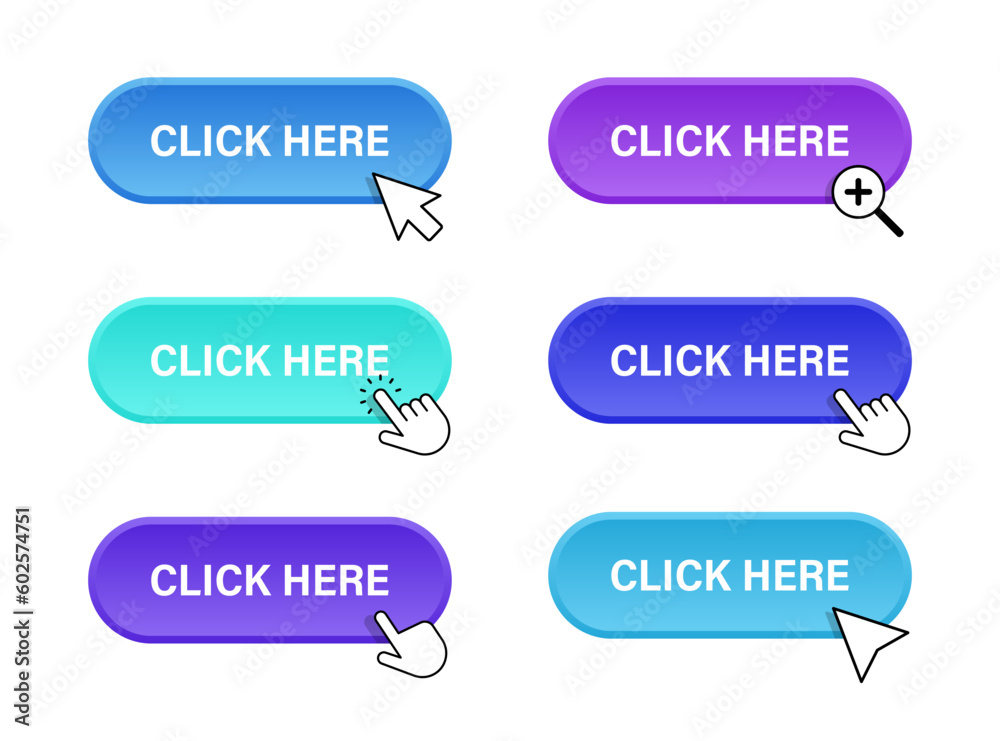 Aufkleber Click here web buttons collection with computer arrow, hand. Set of web buttons