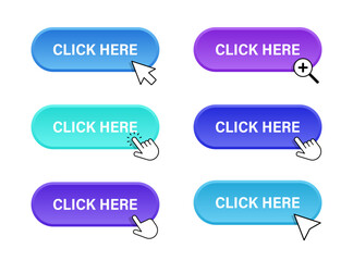 Click here web buttons collection with computer arrow, hand. Set of web buttons