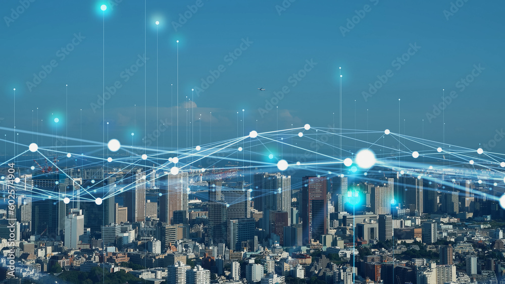 Poster modern city and communication network concept. iot (internet of things). smart city. digital transfo