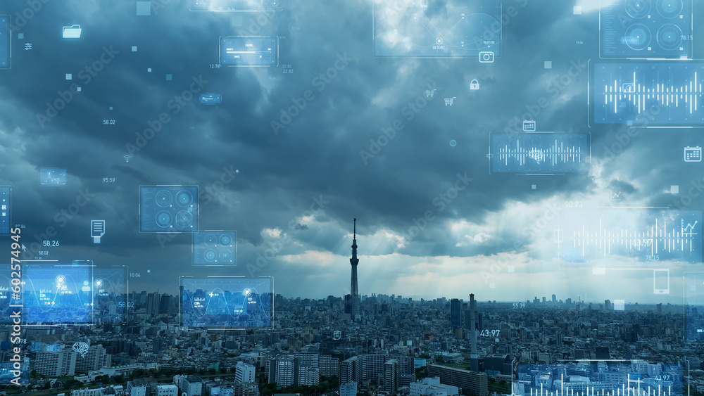 Aufkleber modern cityscape and communication network concept. telecommunication. iot (internet of things). ict