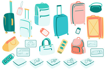 Set of luggage, suitcases, bags, backpack, travel icons on different transport, locks and tags for suitcases, vector set  