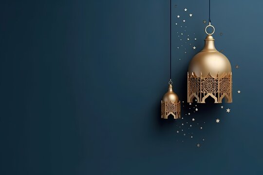 islamic golden lantern on blue backgrounnd, eid mubarak, Eid al Adha, AI Generated Generative AI