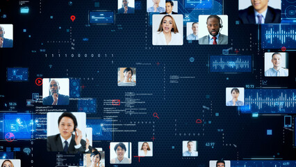 Communication network of multinational people. Global business. Video conference.