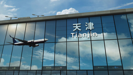 Airplane landing at Tianjin China airport mirrored in terminal
